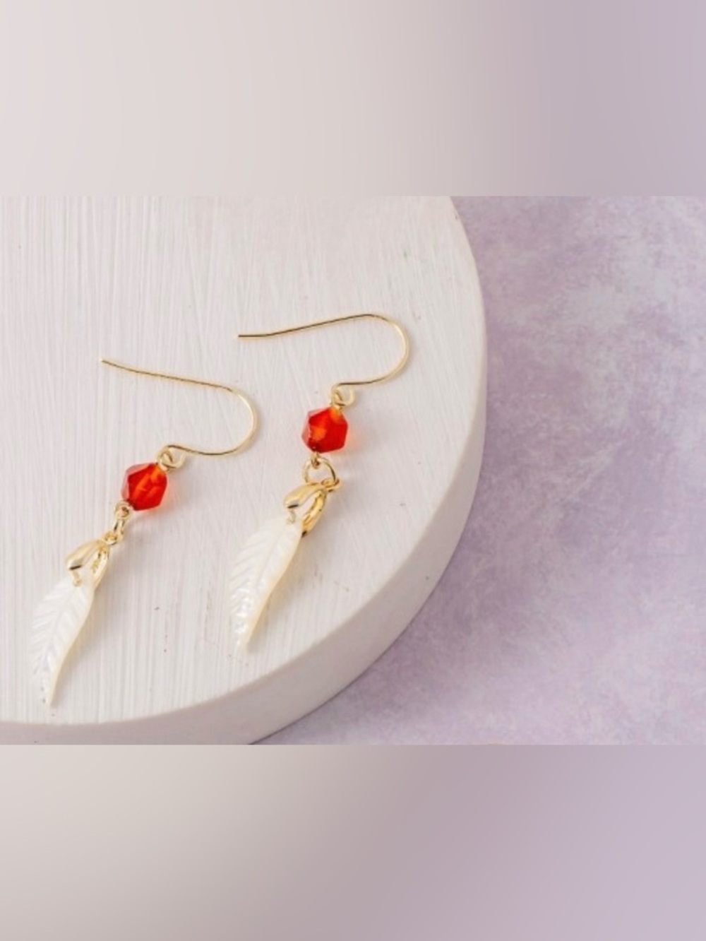 Gold Feather Drop Earrings with Red Beads